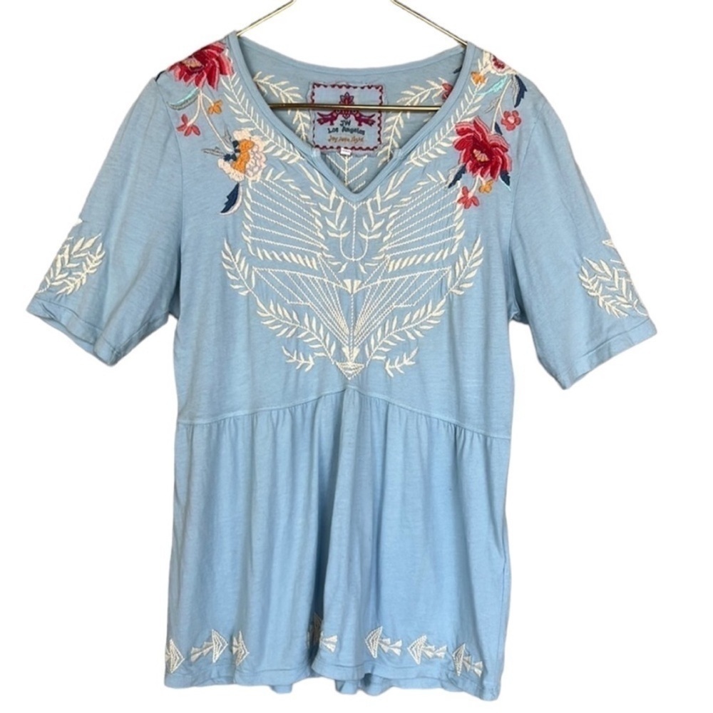 Johnny Was Floral Embroidered Short Sleeve V-Neck Top - Picture 4 of 12